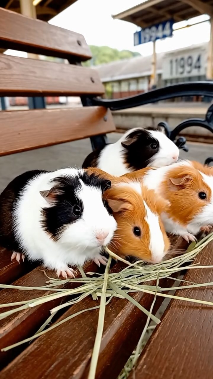 1994. Realistic depiction of 4 smooth-haired Silkie guinea pigs with sable, white, and orange fur, eating timothy hay, on a station waiting bench.