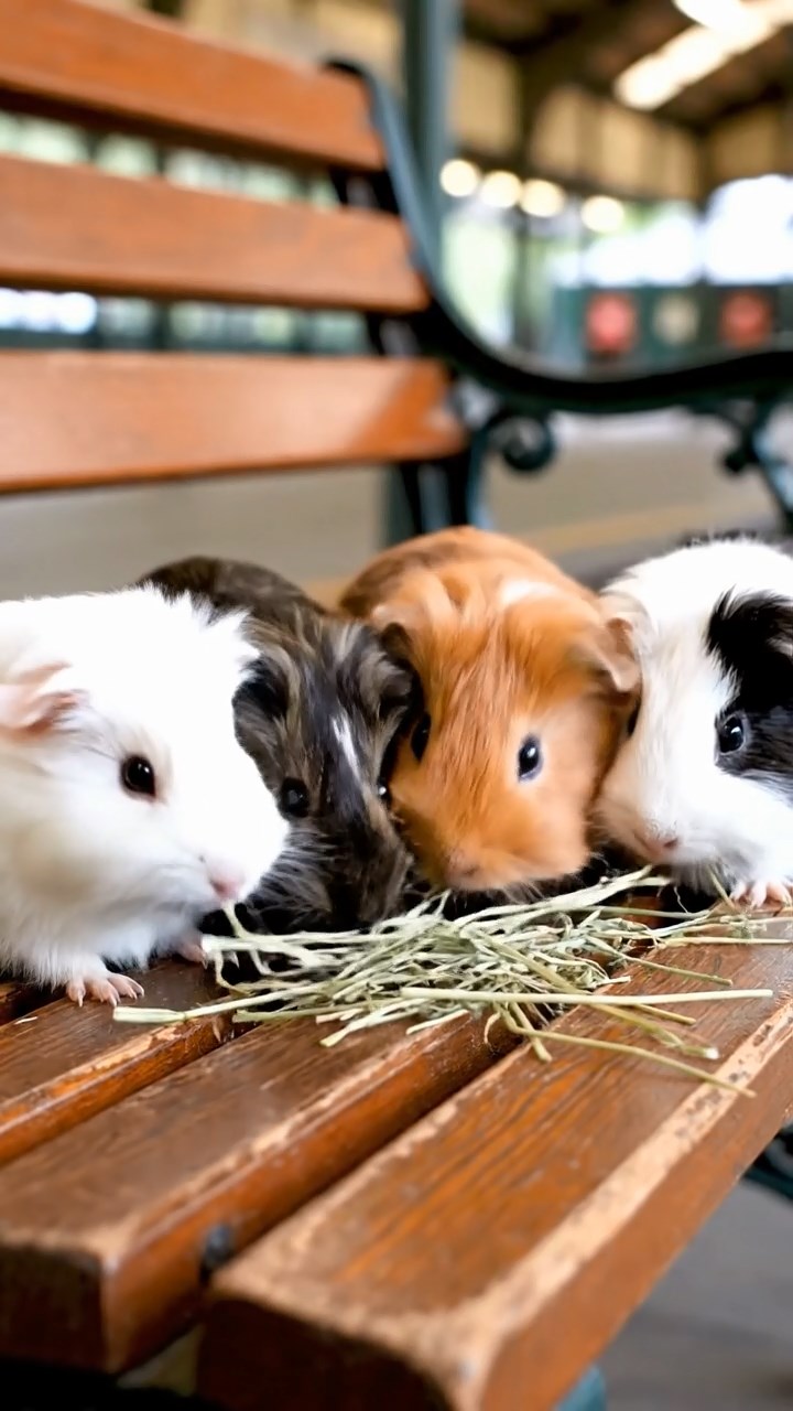 1994. Realistic depiction of 4 smooth-haired Silkie guinea pigs with sable, white, and orange fur, eating timothy hay, on a station waiting bench.