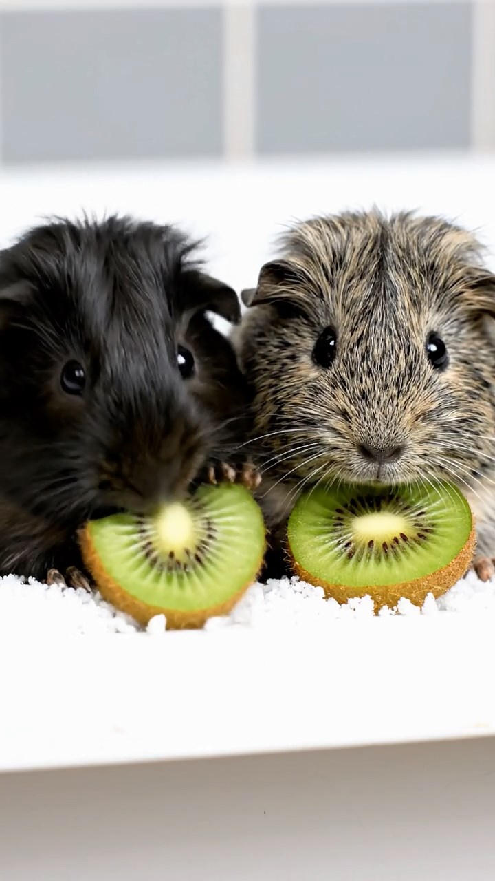 1995. Detailed photo of 2 smooth-haired Teddy guinea pigs in gray and black colors, nibbling on kiwi slices, by a tub side in snow.