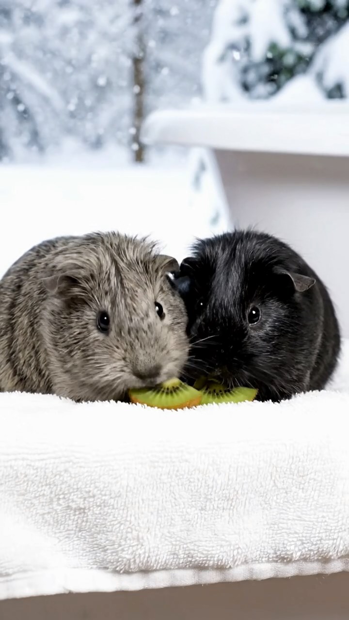 1995. Detailed photo of 2 smooth-haired Teddy guinea pigs in gray and black colors, nibbling on kiwi slices, by a tub side in snow.
