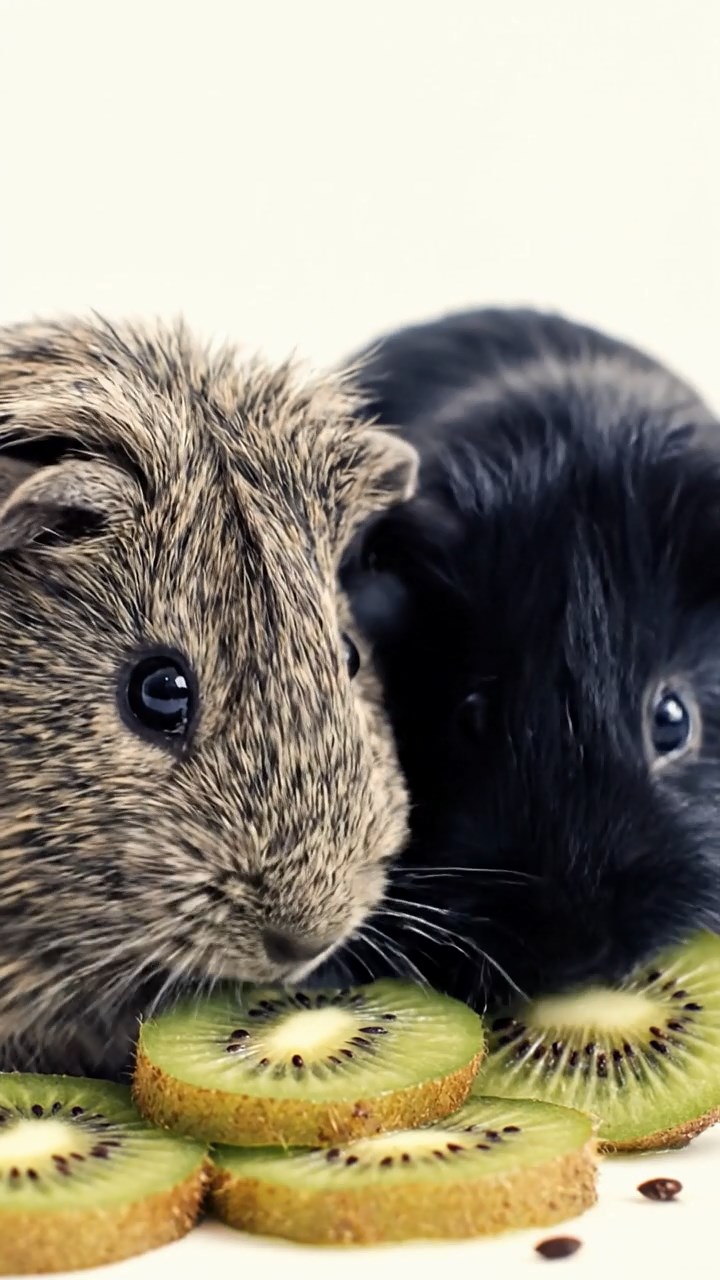 1995. Detailed photo of 2 smooth-haired Teddy guinea pigs in gray and black colors, nibbling on kiwi slices, by a tub side in snow.