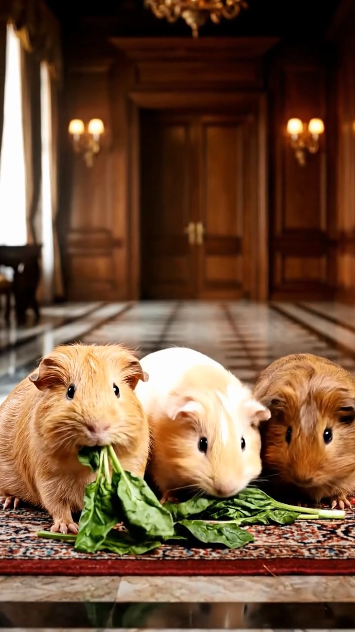 1996. Photorealistic image of 3 smooth-haired Texel guinea pigs with brown, cream, and fawn fur, chewing on spinach bunches, in a mansion dark hall.