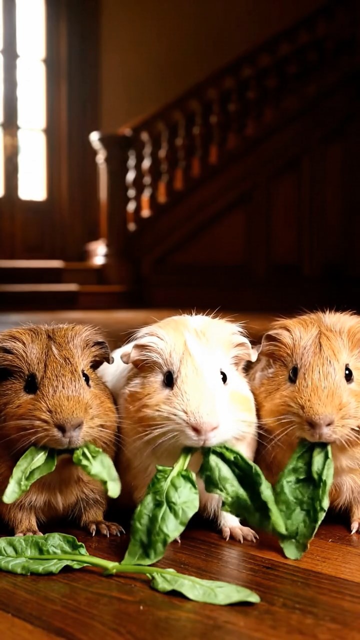 1996. Photorealistic image of 3 smooth-haired Texel guinea pigs with brown, cream, and fawn fur, chewing on spinach bunches, in a mansion dark hall.