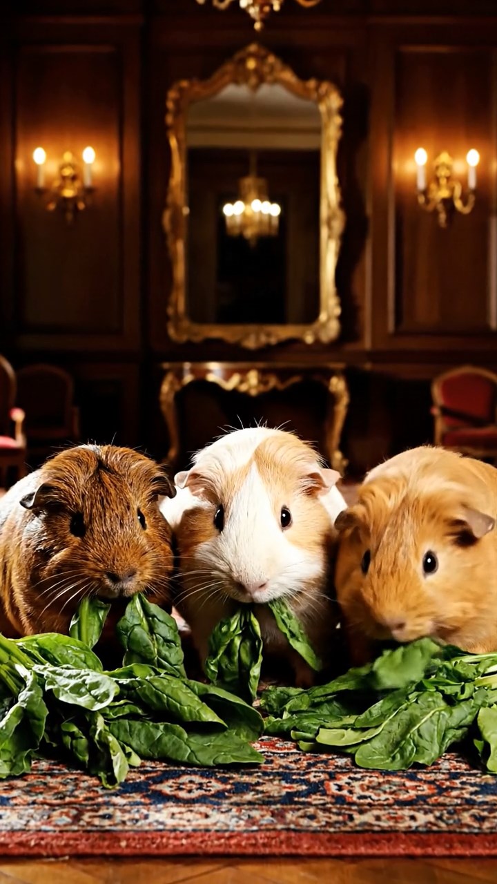 1996. Photorealistic image of 3 smooth-haired Texel guinea pigs with brown, cream, and fawn fur, chewing on spinach bunches, in a mansion dark hall.
