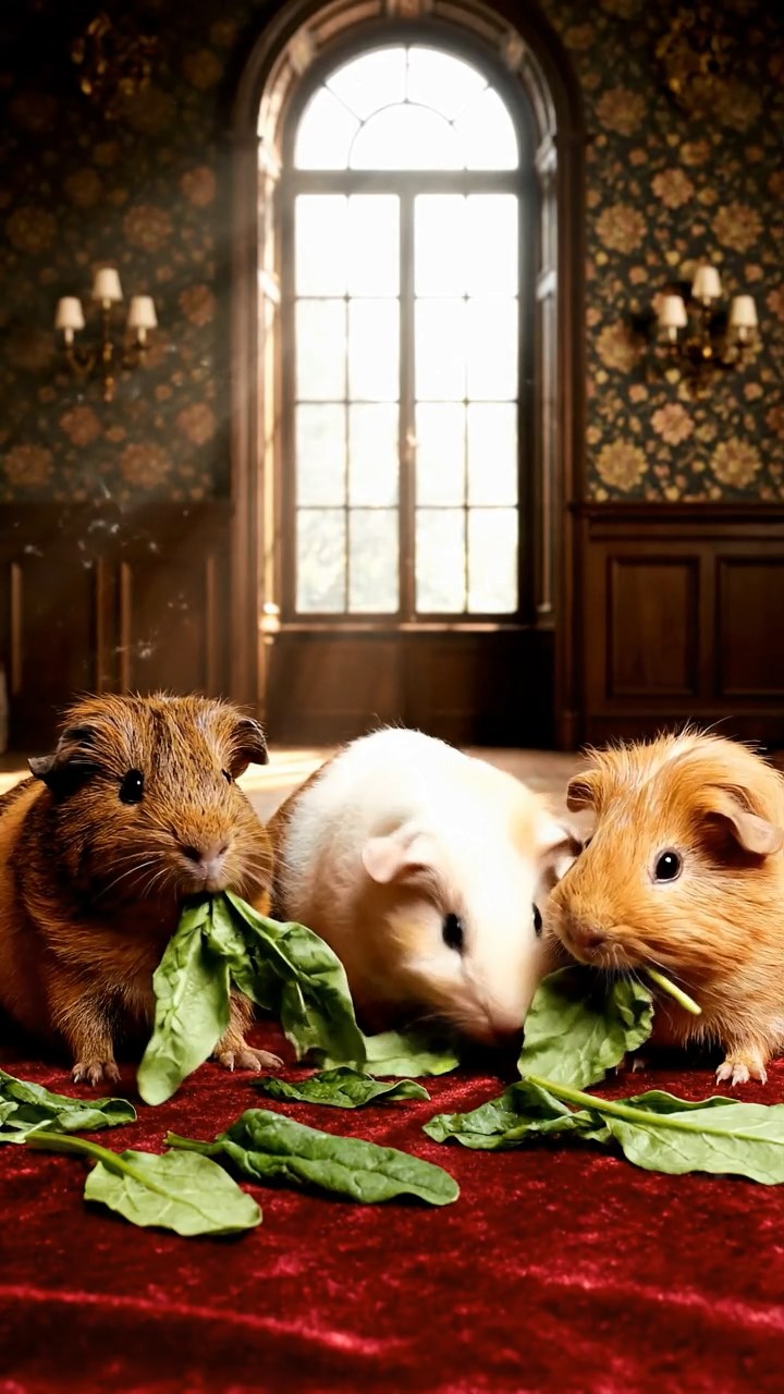 1996. Photorealistic image of 3 smooth-haired Texel guinea pigs with brown, cream, and fawn fur, chewing on spinach bunches, in a mansion dark hall.