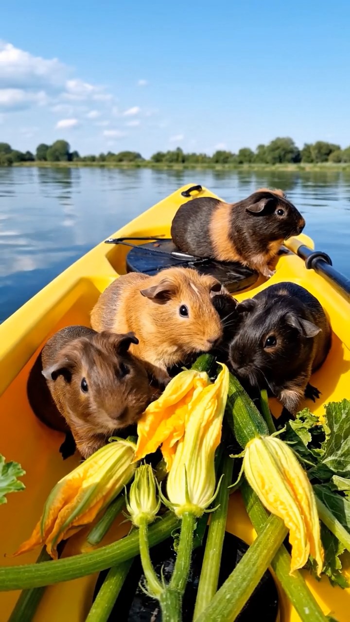 1997. Realistic scene of 5 smooth-haired Rex guinea pigs featuring chocolate, cinnamon, and sable coats, sharing zucchini flowers, inside a kayak on water.