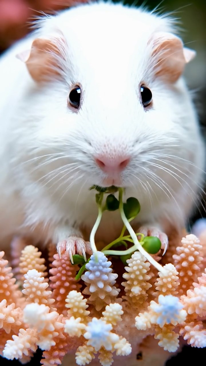 1998. Highly detailed view of 1 smooth-haired Coronet guinea pig with white fur, munching on alfalfa sprouts, on a reef coral head.