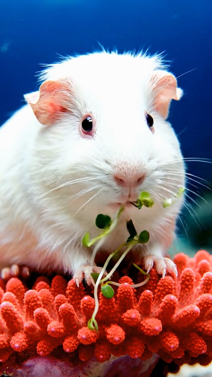1998. Highly detailed view of 1 smooth-haired Coronet guinea pig with white fur, munching on alfalfa sprouts, on a reef coral head.
