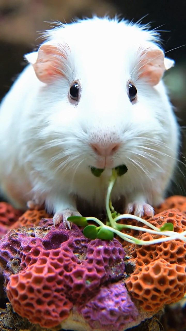 1998. Highly detailed view of 1 smooth-haired Coronet guinea pig with white fur, munching on alfalfa sprouts, on a reef coral head.