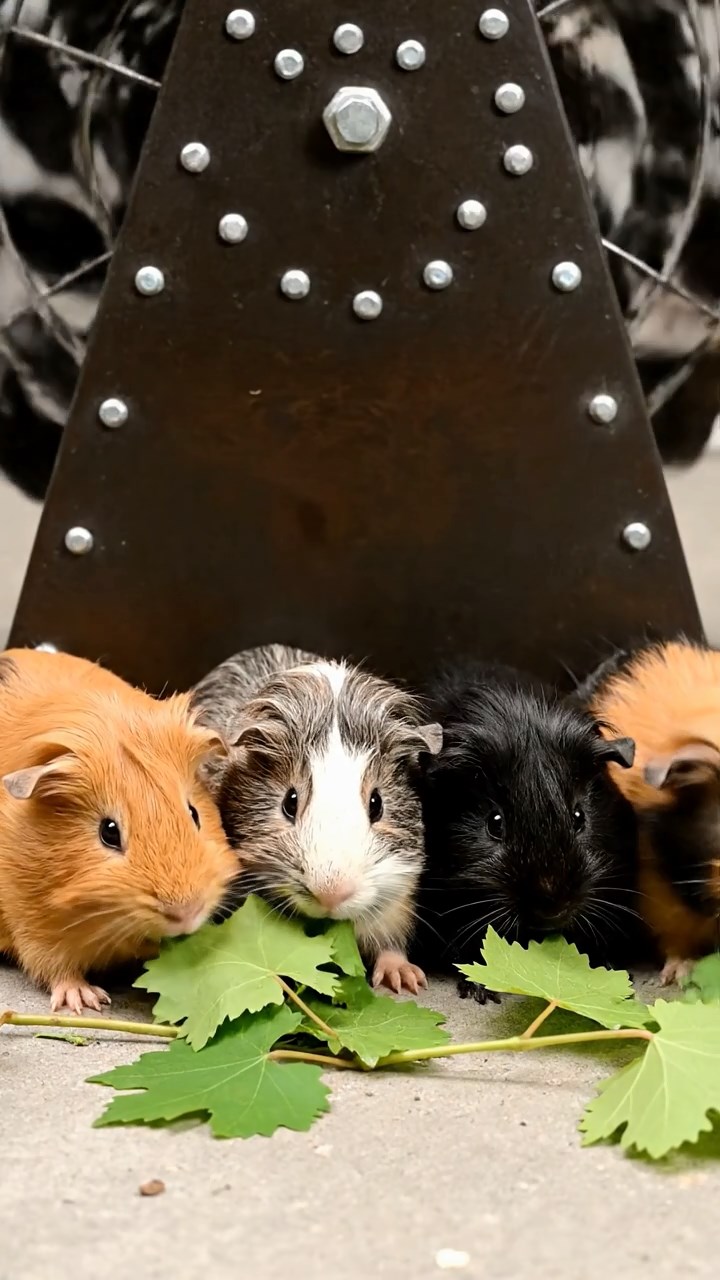 1999. Photorealistic photo of 4 smooth-haired White Crested guinea pigs with orange, gray, and black fur, eating grape vines, at a wind machine base.
