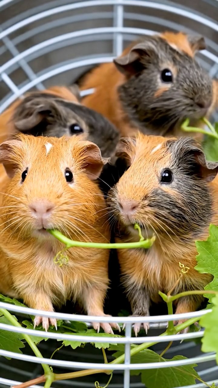 1999. Photorealistic photo of 4 smooth-haired White Crested guinea pigs with orange, gray, and black fur, eating grape vines, at a wind machine base.