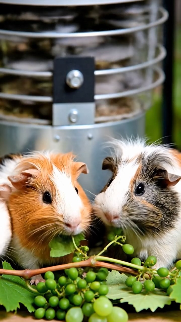 1999. Photorealistic photo of 4 smooth-haired White Crested guinea pigs with orange, gray, and black fur, eating grape vines, at a wind machine base.