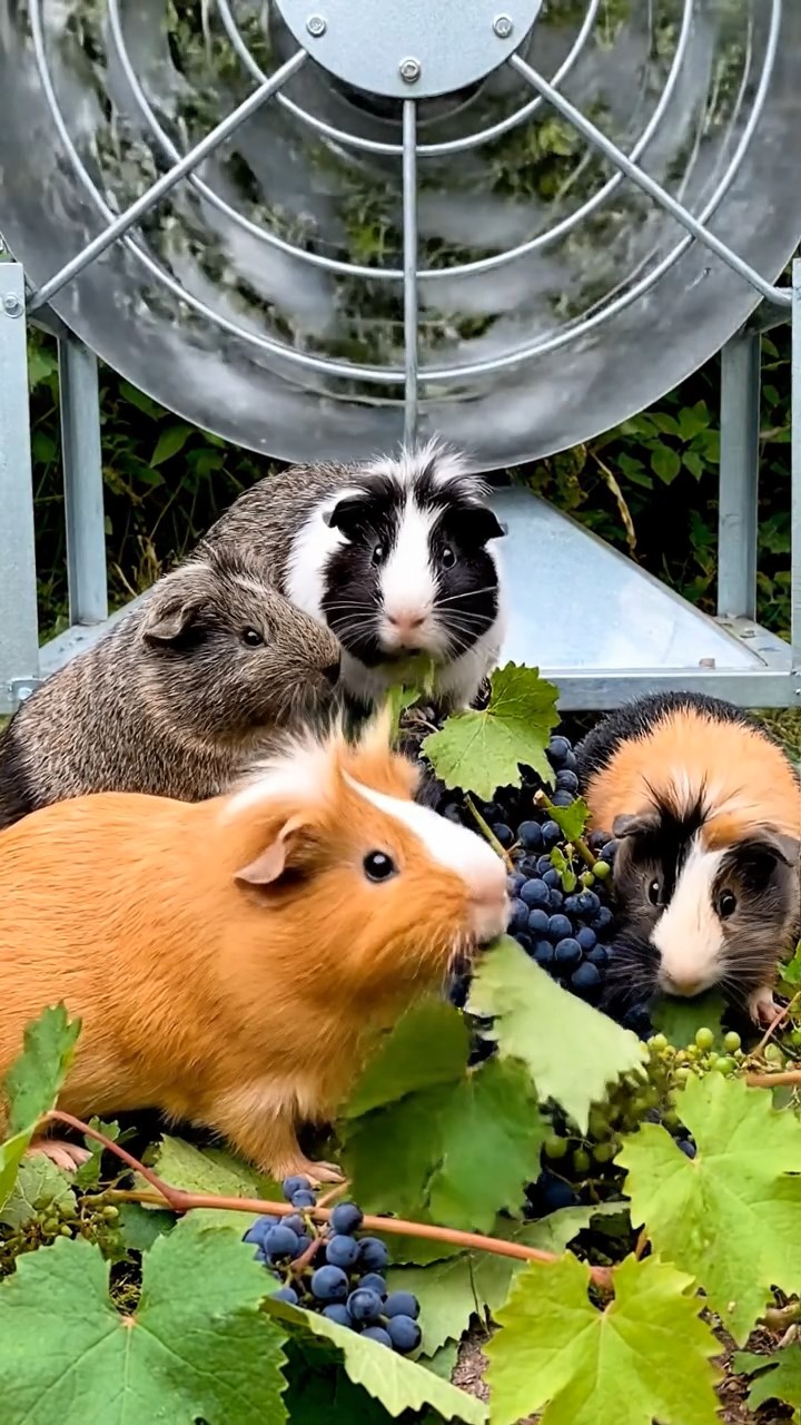 1999. Photorealistic photo of 4 smooth-haired White Crested guinea pigs with orange, gray, and black fur, eating grape vines, at a wind machine base.