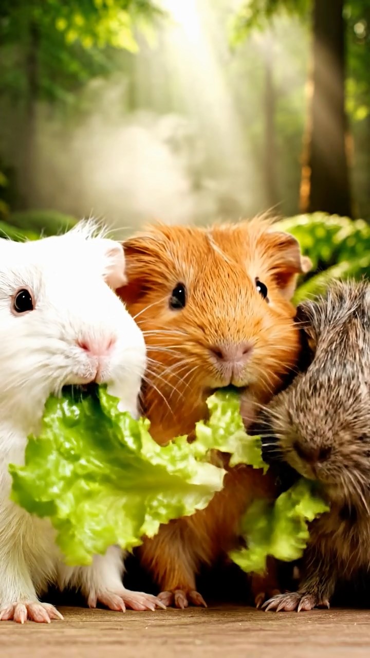 2001. A realistic close-up photo of 3 smooth-haired American guinea pigs with white, orange, and gray fur, eagerly munching on fresh lettuce leaves, in a misty ancient woodland glade with towering ferns and sunlight shafts piercing the canopy.