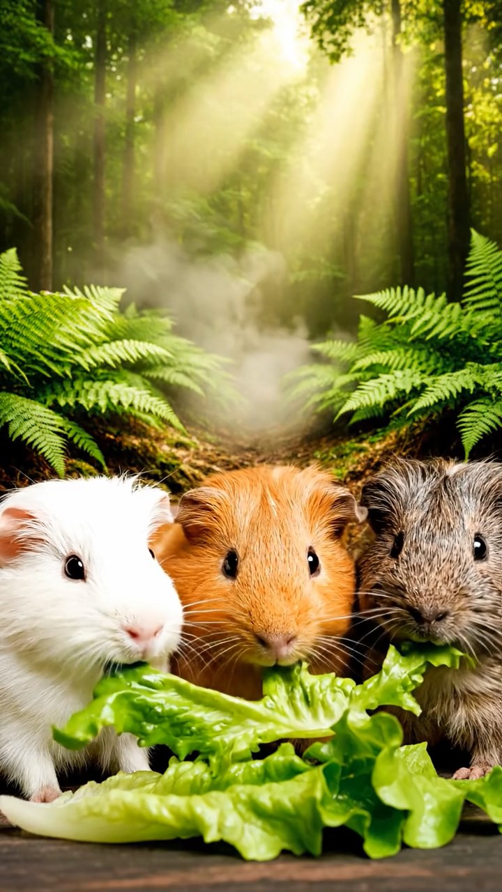 2001. A realistic close-up photo of 3 smooth-haired American guinea pigs with white, orange, and gray fur, eagerly munching on fresh lettuce leaves, in a misty ancient woodland glade with towering ferns and sunlight shafts piercing the canopy.