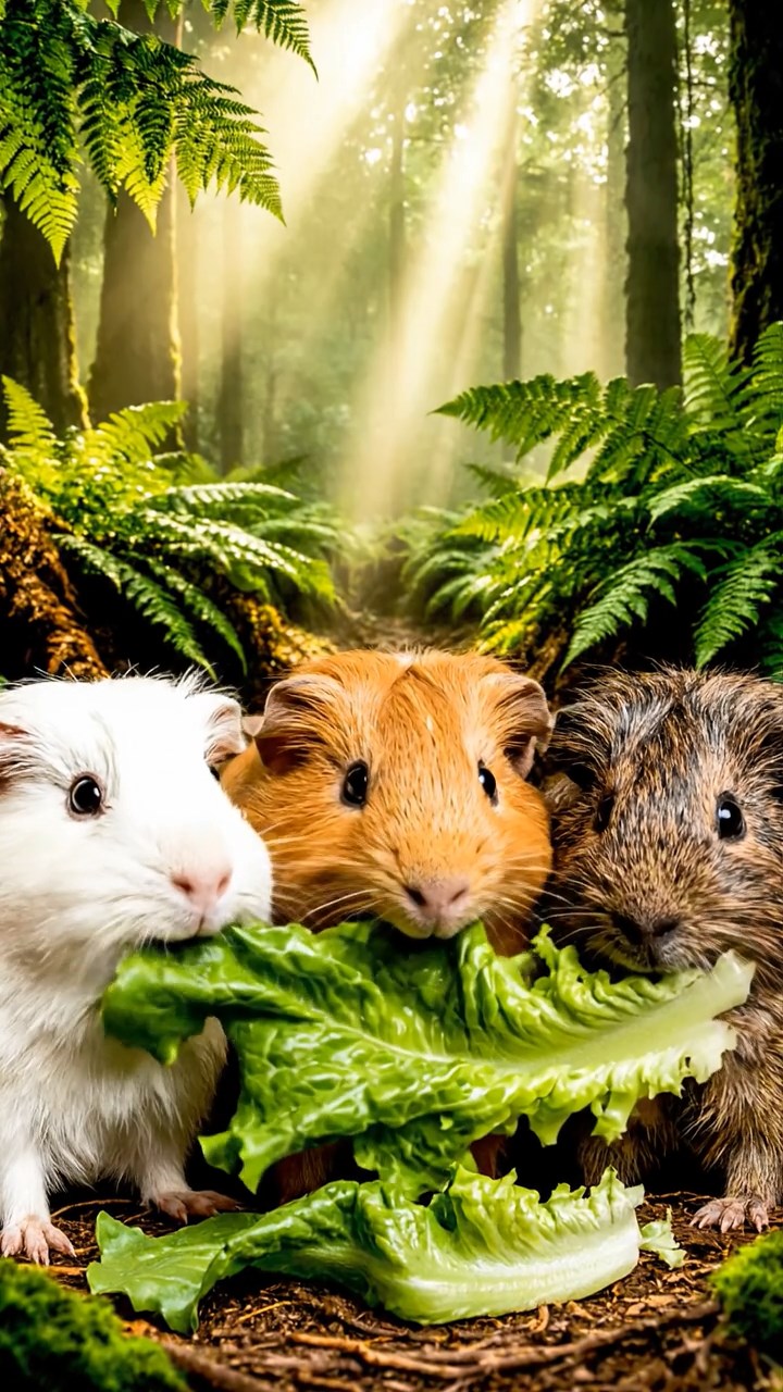 2001. A realistic close-up photo of 3 smooth-haired American guinea pigs with white, orange, and gray fur, eagerly munching on fresh lettuce leaves, in a misty ancient woodland glade with towering ferns and sunlight shafts piercing the canopy.