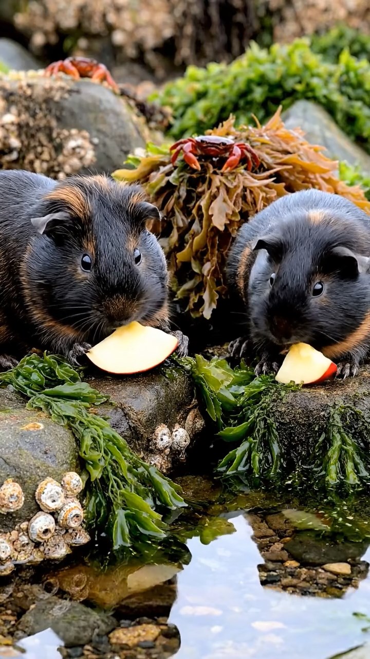 2002. Highly detailed realistic image of 2 smooth-haired Abyssinian guinea pigs featuring black and brown coats, nibbling on apple slices, on a rocky tidal pool shore with seaweed and crabs scuttling under overcast skies.