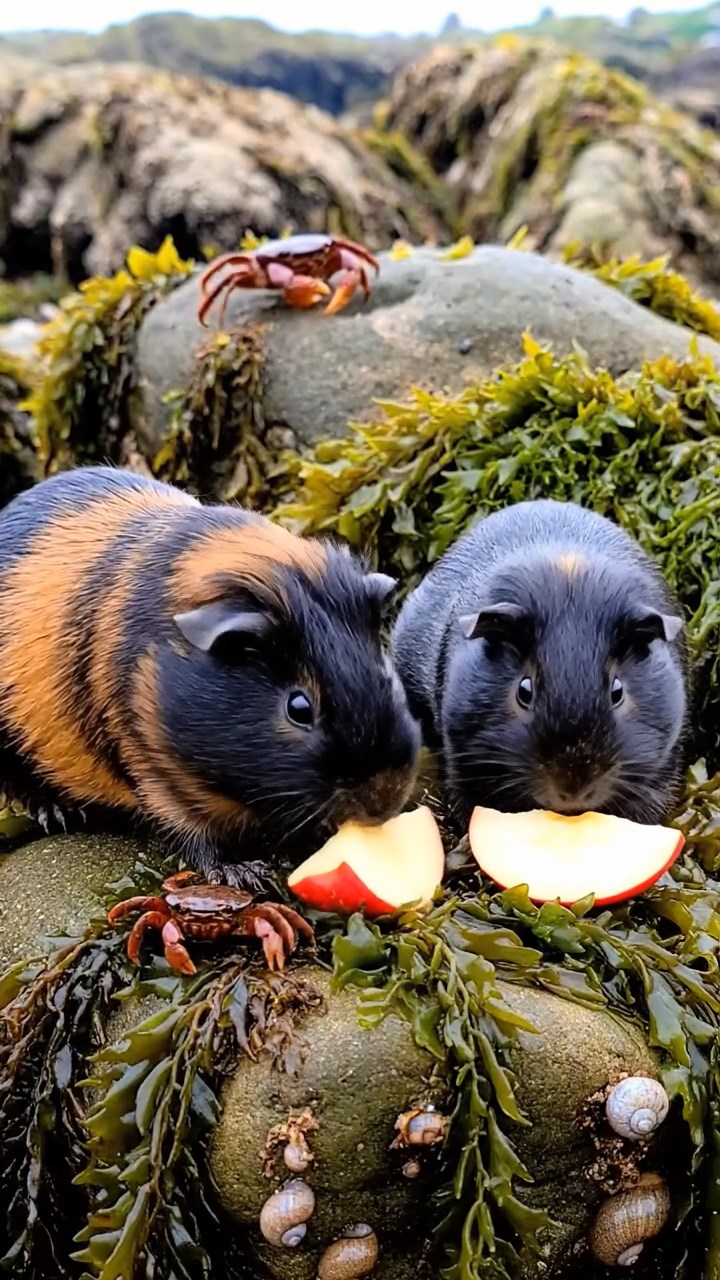 2002. Highly detailed realistic image of 2 smooth-haired Abyssinian guinea pigs featuring black and brown coats, nibbling on apple slices, on a rocky tidal pool shore with seaweed and crabs scuttling under overcast skies.
