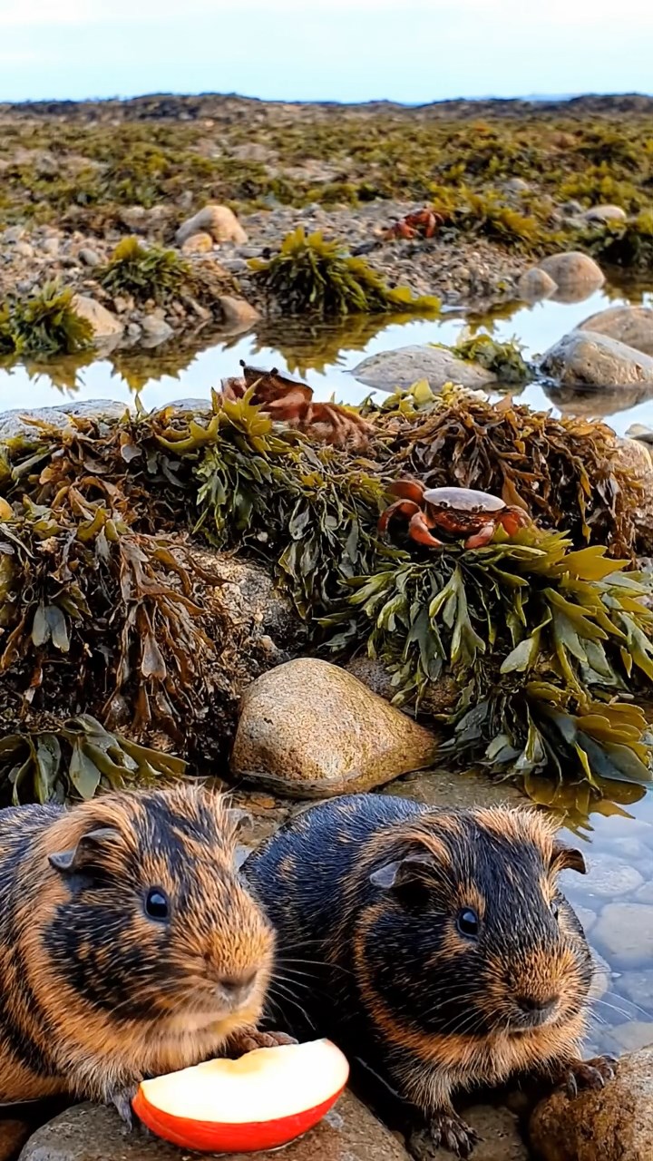 2002. Highly detailed realistic image of 2 smooth-haired Abyssinian guinea pigs featuring black and brown coats, nibbling on apple slices, on a rocky tidal pool shore with seaweed and crabs scuttling under overcast skies.