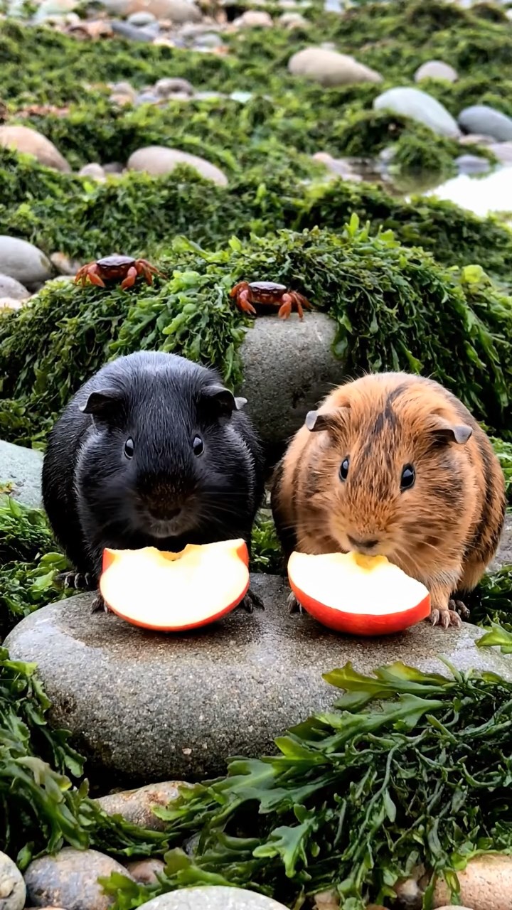 2002. Highly detailed realistic image of 2 smooth-haired Abyssinian guinea pigs featuring black and brown coats, nibbling on apple slices, on a rocky tidal pool shore with seaweed and crabs scuttling under overcast skies.