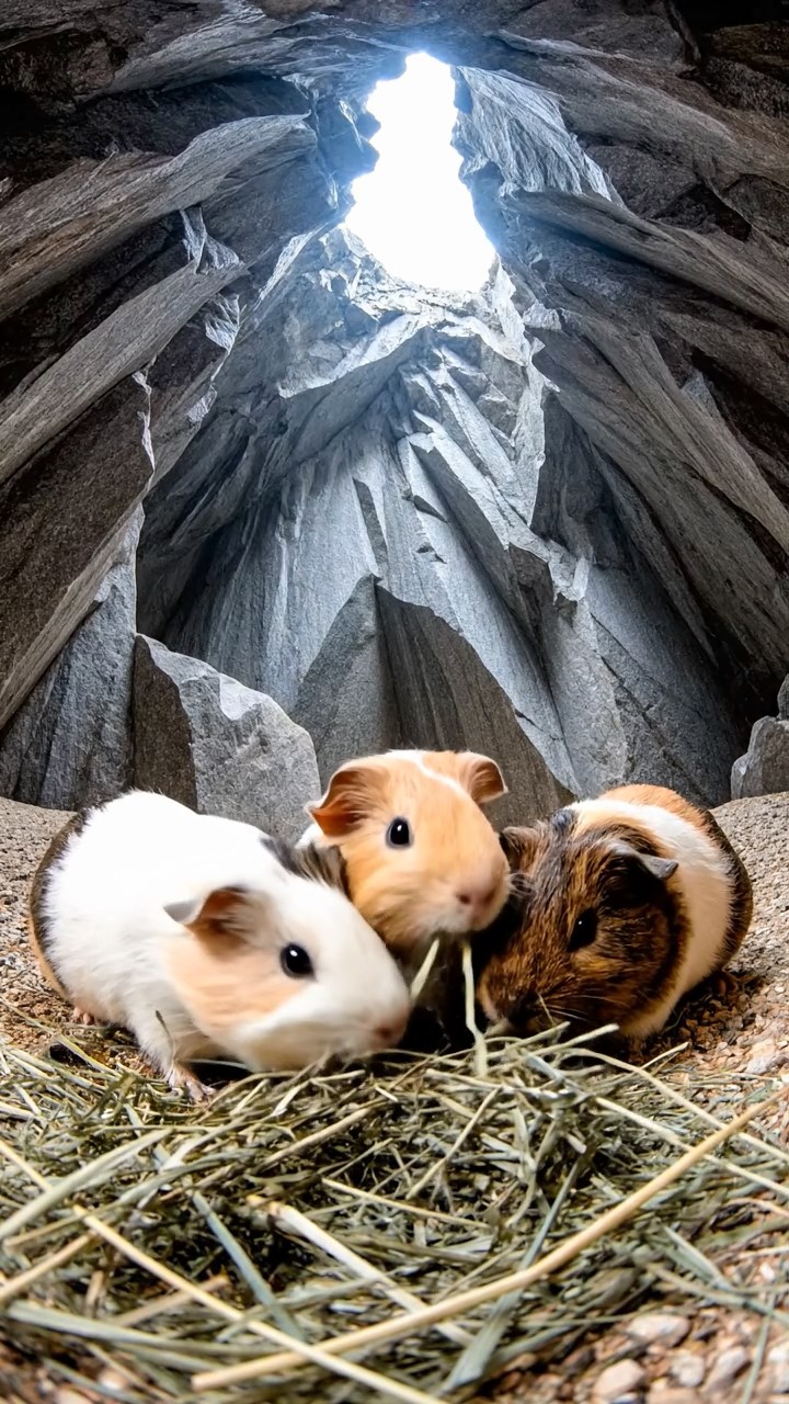 2003. Photorealistic scene of 4 smooth-haired Peruvian guinea pigs with cream, fawn, and chocolate fur, eating dried timothy hay, inside a echoing granite quarry cave with jagged walls and distant machinery hum.