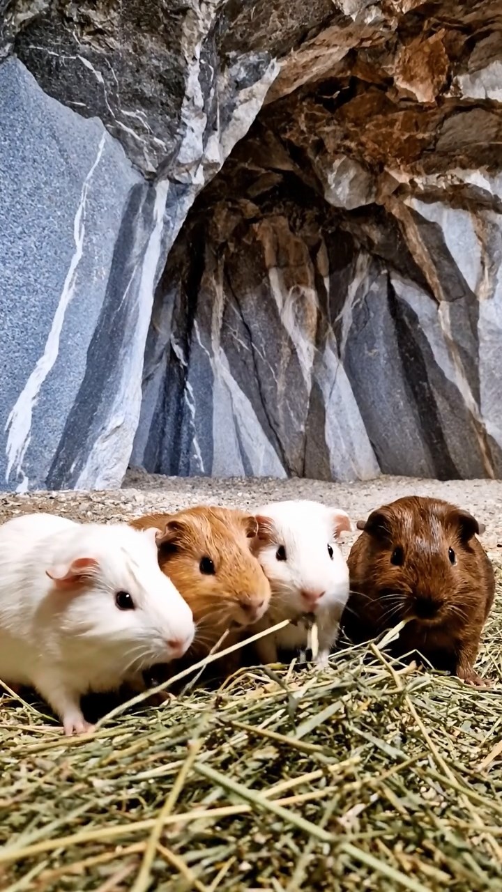 2003. Photorealistic scene of 4 smooth-haired Peruvian guinea pigs with cream, fawn, and chocolate fur, eating dried timothy hay, inside a echoing granite quarry cave with jagged walls and distant machinery hum.