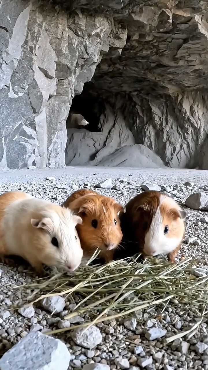 2003. Photorealistic scene of 4 smooth-haired Peruvian guinea pigs with cream, fawn, and chocolate fur, eating dried timothy hay, inside a echoing granite quarry cave with jagged walls and distant machinery hum.
