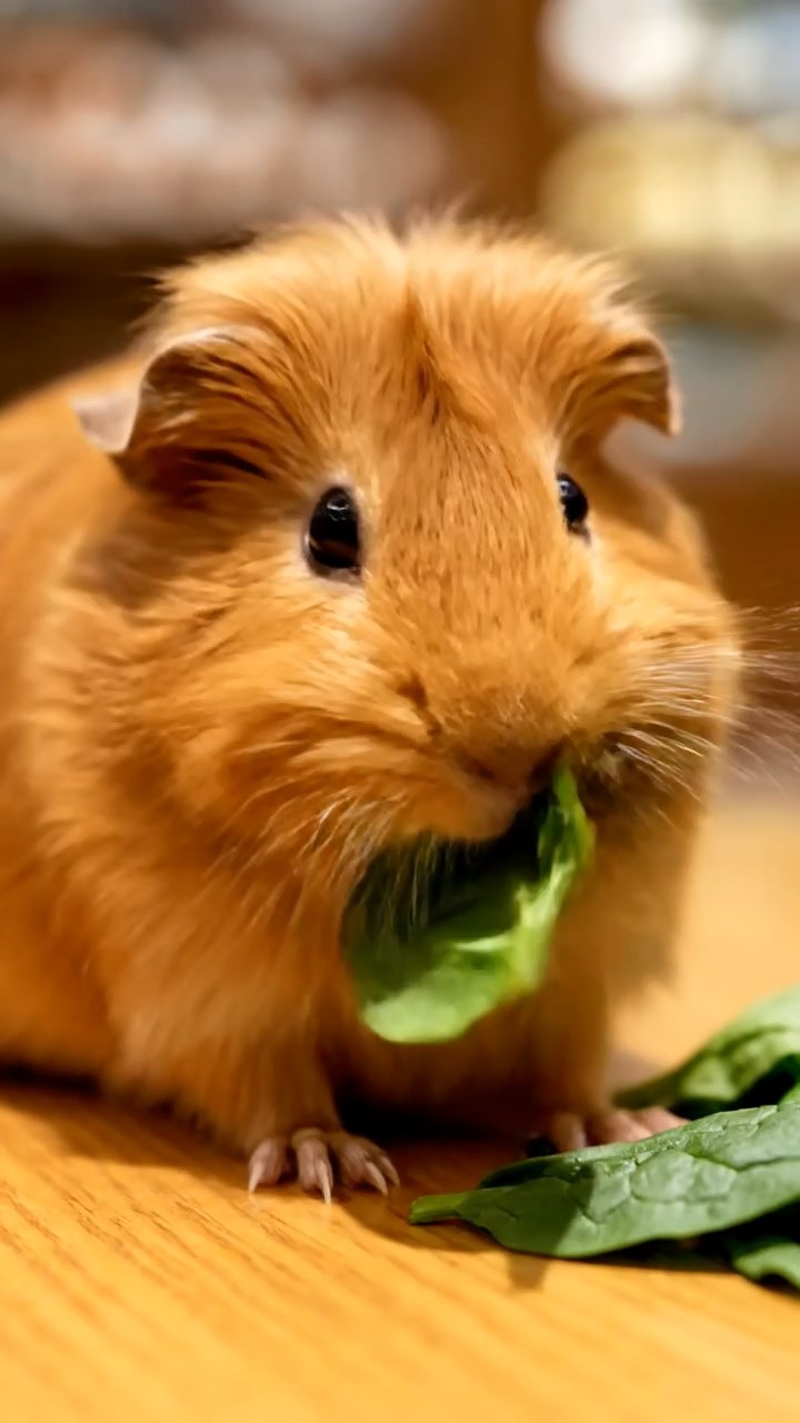 2004. Realistic depiction of 1 smooth-haired Silkie guinea pig with cinnamon fur, chewing on spinach leaves, in a upscale mall food hall with polished tables and ambient chatter.