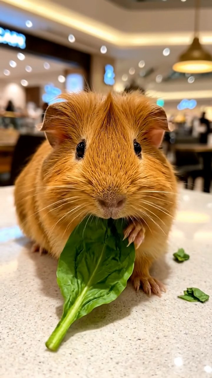 2004. Realistic depiction of 1 smooth-haired Silkie guinea pig with cinnamon fur, chewing on spinach leaves, in a upscale mall food hall with polished tables and ambient chatter.