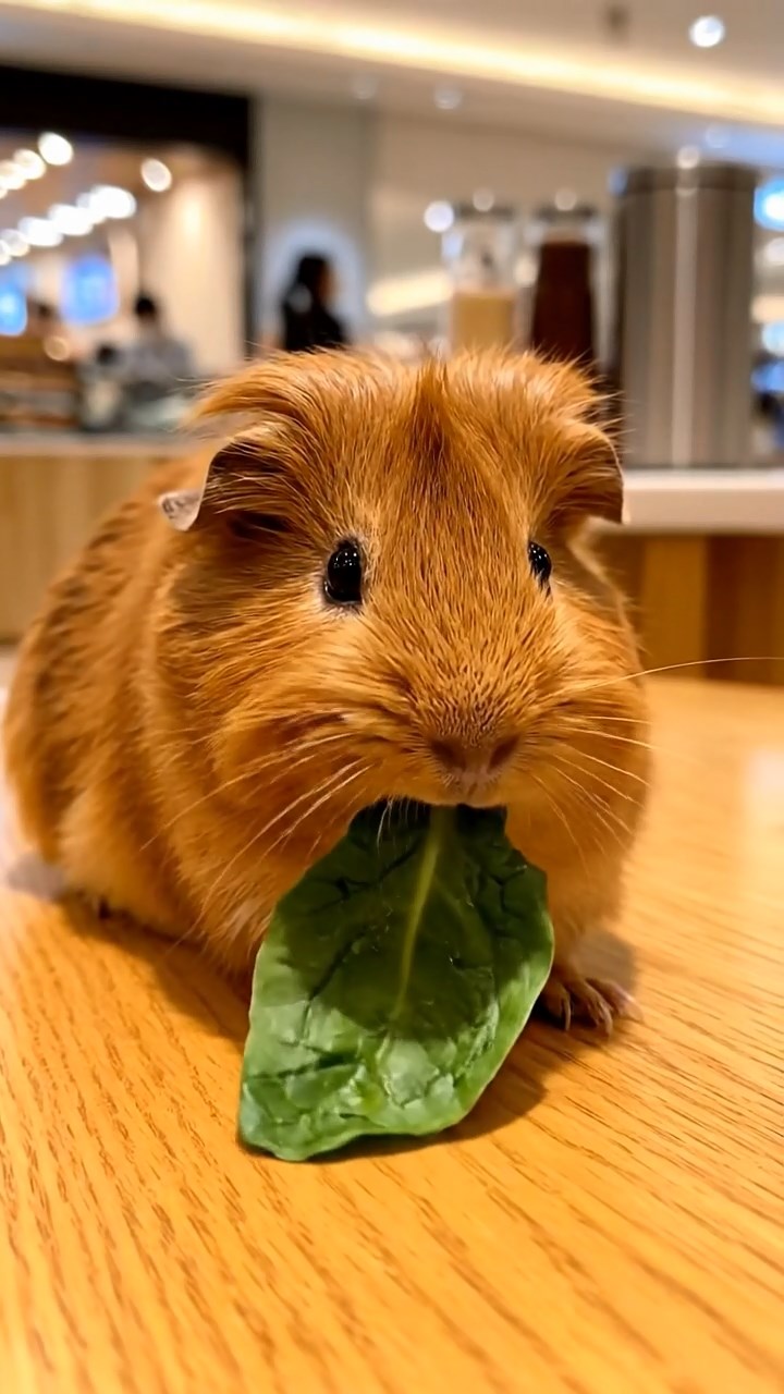 2004. Realistic depiction of 1 smooth-haired Silkie guinea pig with cinnamon fur, chewing on spinach leaves, in a upscale mall food hall with polished tables and ambient chatter.