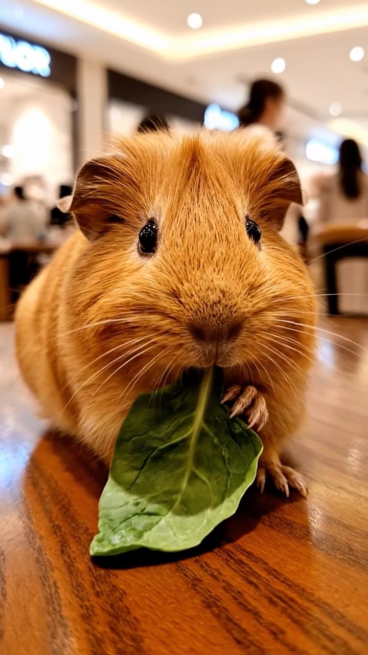 2004. Realistic depiction of 1 smooth-haired Silkie guinea pig with cinnamon fur, chewing on spinach leaves, in a upscale mall food hall with polished tables and ambient chatter.
