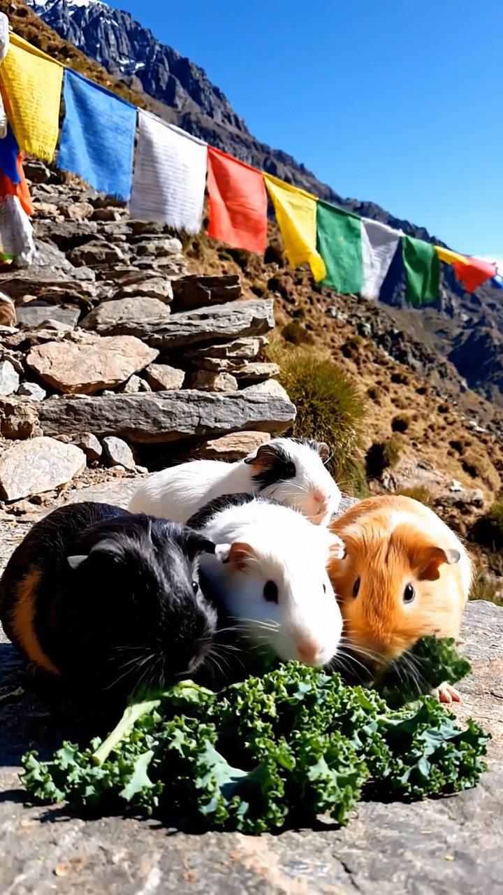 2005. Detailed realistic photo of 5 smooth-haired Teddy guinea pigs in sable, white, and orange colors, sharing kale greens, on a steep Himalayan trail ledge with prayer flags fluttering in the wind.