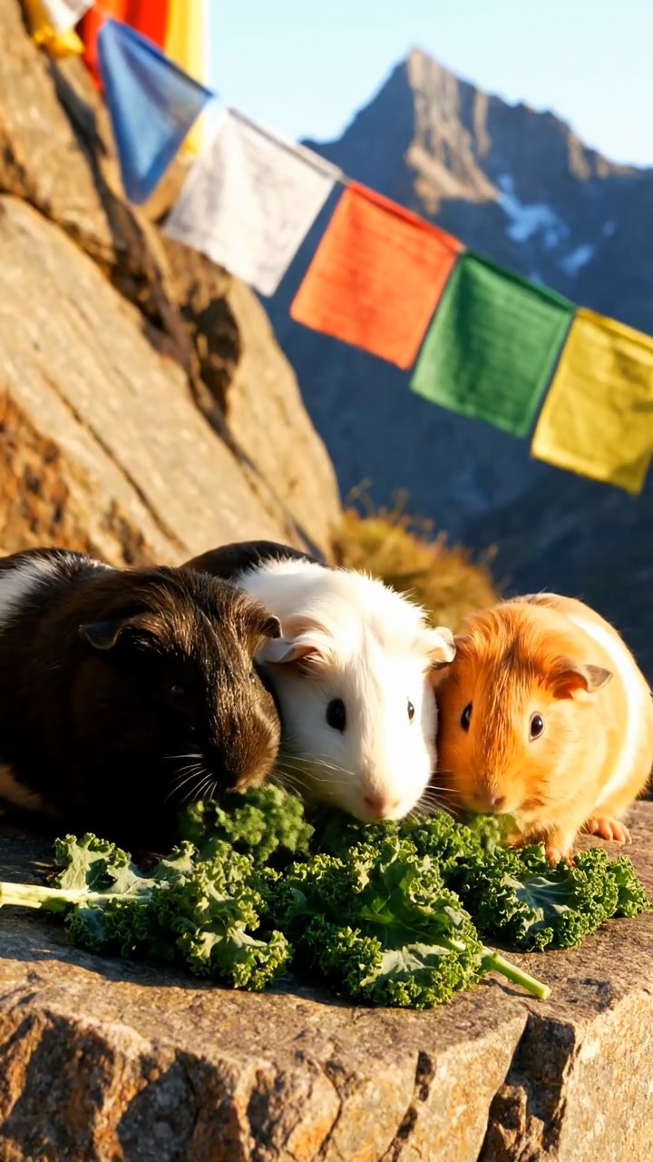 2005. Detailed realistic photo of 5 smooth-haired Teddy guinea pigs in sable, white, and orange colors, sharing kale greens, on a steep Himalayan trail ledge with prayer flags fluttering in the wind.