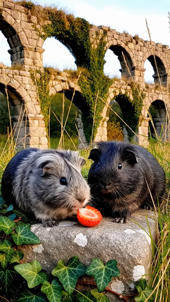2006. Photorealistic view of 2 smooth-haired Texel guinea pigs with gray and black fur, enjoying strawberry halves, amid crumbling Roman aqueduct ruins with ivy and wild grasses.