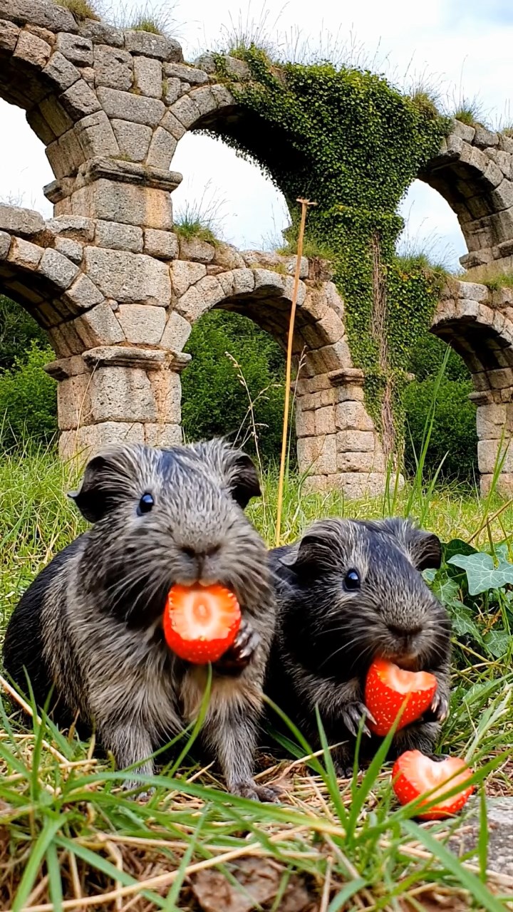 2006. Photorealistic view of 2 smooth-haired Texel guinea pigs with gray and black fur, enjoying strawberry halves, amid crumbling Roman aqueduct ruins with ivy and wild grasses.