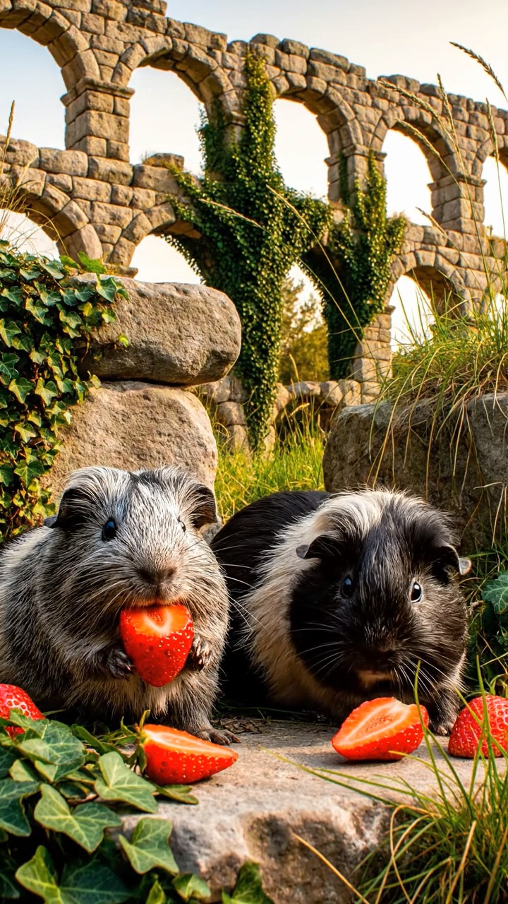 2006. Photorealistic view of 2 smooth-haired Texel guinea pigs with gray and black fur, enjoying strawberry halves, amid crumbling Roman aqueduct ruins with ivy and wild grasses.