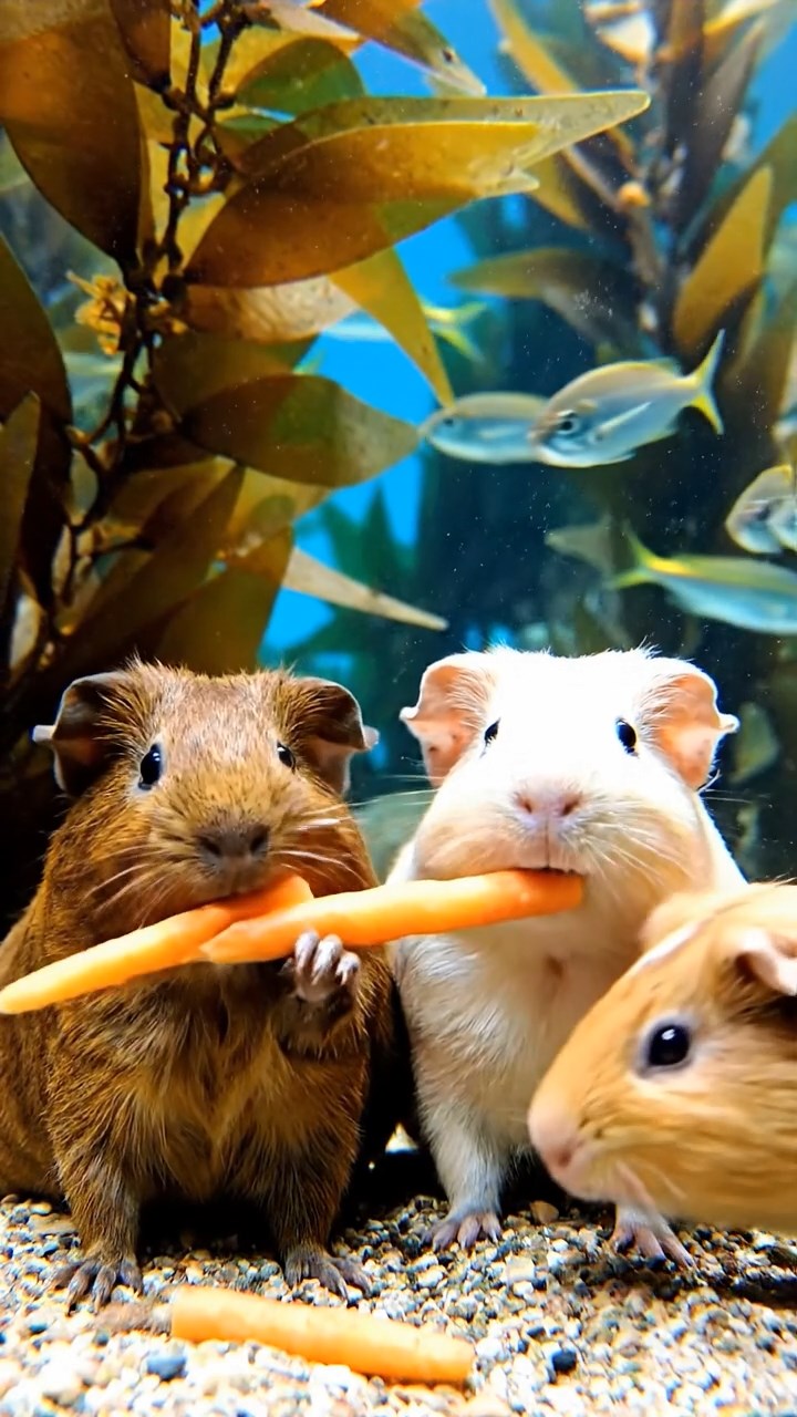 2007. Realistic image of 3 smooth-haired Rex guinea pigs featuring brown, cream, and fawn coats, munching on carrot sticks, in a vibrant underwater kelp forest with swaying fronds and fish schools.