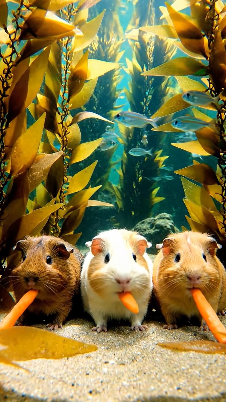 2007. Realistic image of 3 smooth-haired Rex guinea pigs featuring brown, cream, and fawn coats, munching on carrot sticks, in a vibrant underwater kelp forest with swaying fronds and fish schools.