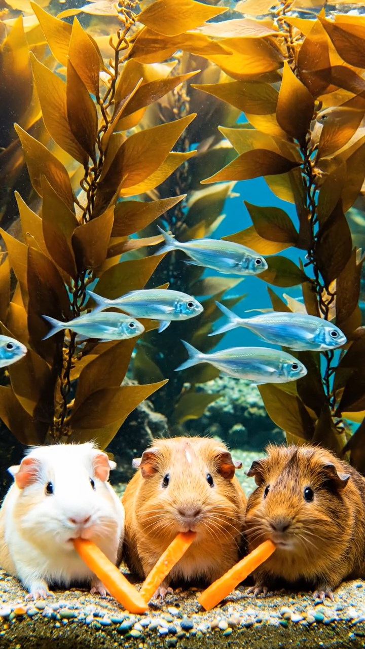 2007. Realistic image of 3 smooth-haired Rex guinea pigs featuring brown, cream, and fawn coats, munching on carrot sticks, in a vibrant underwater kelp forest with swaying fronds and fish schools.