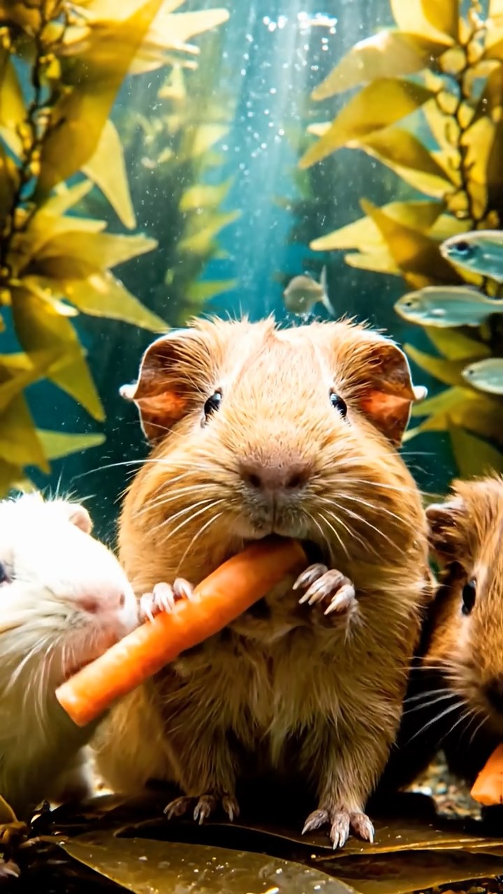 2007. Realistic image of 3 smooth-haired Rex guinea pigs featuring brown, cream, and fawn coats, munching on carrot sticks, in a vibrant underwater kelp forest with swaying fronds and fish schools.