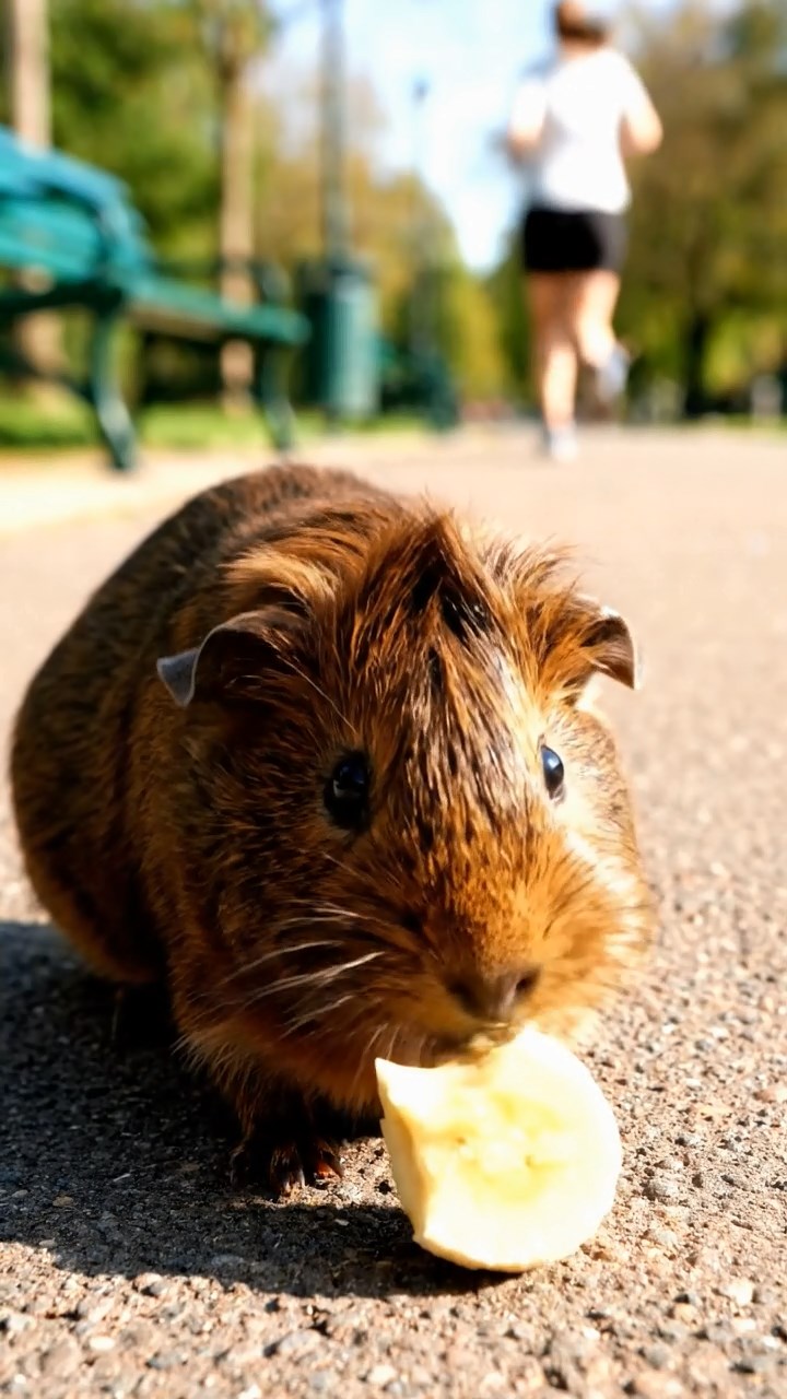 2008. Highly detailed scene of 1 smooth-haired Coronet guinea pig with chocolate fur, nibbling on banana slices, on a vibrant city park pathway with benches and joggers passing by.