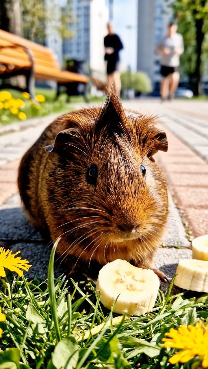 2008. Highly detailed scene of 1 smooth-haired Coronet guinea pig with chocolate fur, nibbling on banana slices, on a vibrant city park pathway with benches and joggers passing by.