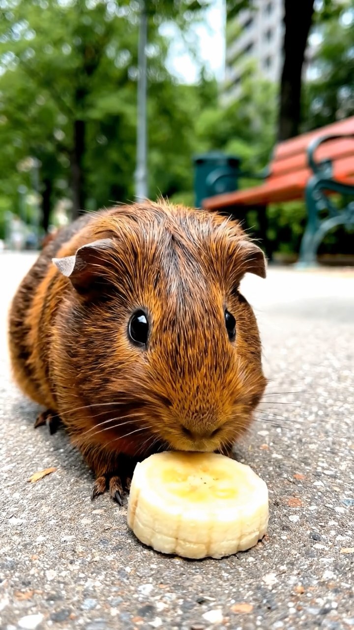 2008. Highly detailed scene of 1 smooth-haired Coronet guinea pig with chocolate fur, nibbling on banana slices, on a vibrant city park pathway with benches and joggers passing by.