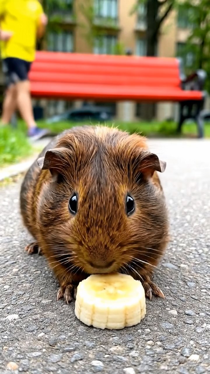 2008. Highly detailed scene of 1 smooth-haired Coronet guinea pig with chocolate fur, nibbling on banana slices, on a vibrant city park pathway with benches and joggers passing by.