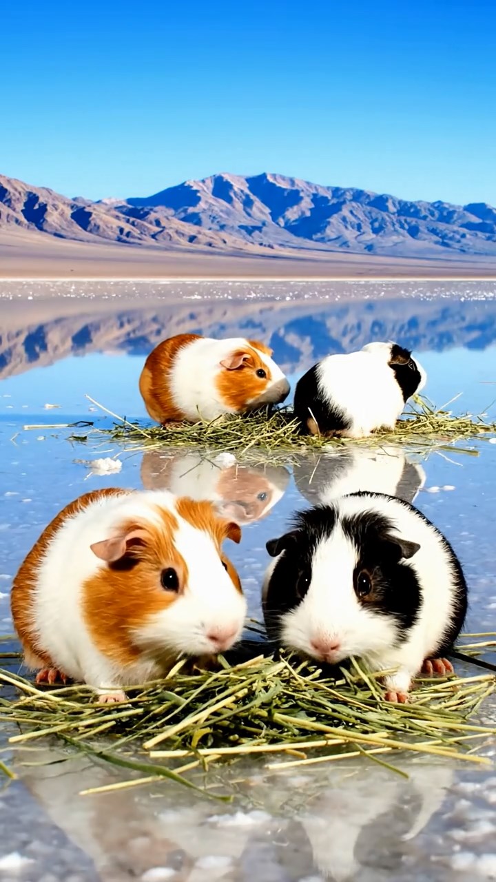 2009. Photorealistic photo of 4 smooth-haired White Crested guinea pigs with cinnamon, sable, and white fur, eating alfalfa hay, in a surreal salt flat desert with mirrored reflections and distant mountains.