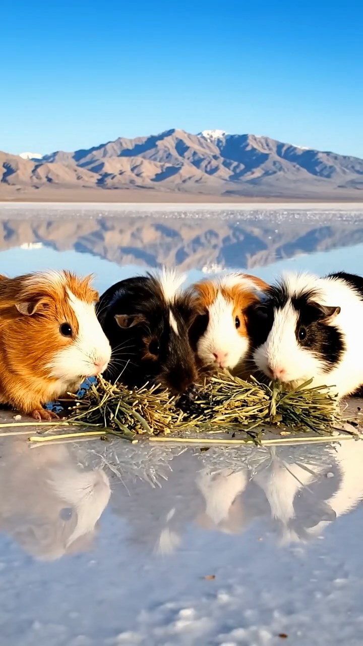 2009. Photorealistic photo of 4 smooth-haired White Crested guinea pigs with cinnamon, sable, and white fur, eating alfalfa hay, in a surreal salt flat desert with mirrored reflections and distant mountains.