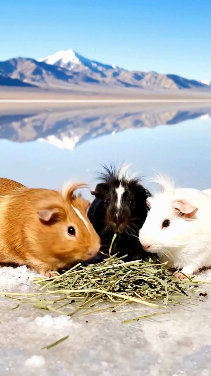 2009. Photorealistic photo of 4 smooth-haired White Crested guinea pigs with cinnamon, sable, and white fur, eating alfalfa hay, in a surreal salt flat desert with mirrored reflections and distant mountains.