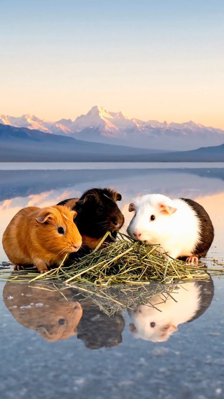 2009. Photorealistic photo of 4 smooth-haired White Crested guinea pigs with cinnamon, sable, and white fur, eating alfalfa hay, in a surreal salt flat desert with mirrored reflections and distant mountains.