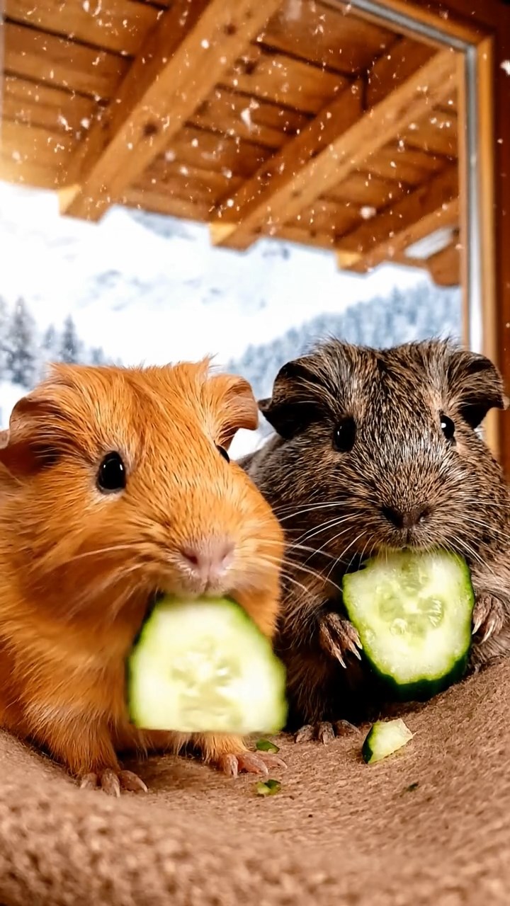 2010. Realistic depiction of 2 smooth-haired Skinny guinea pigs in orange and gray colors, chewing on cucumber slices, inside a cozy alpine chalet with wooden beams and snow outside windows.