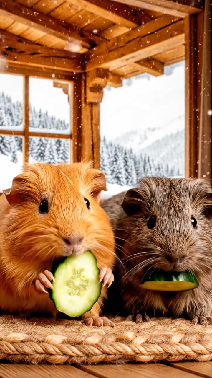 2010. Realistic depiction of 2 smooth-haired Skinny guinea pigs in orange and gray colors, chewing on cucumber slices, inside a cozy alpine chalet with wooden beams and snow outside windows.